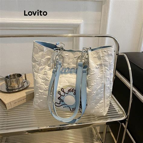 Lovito Women Casual Plain Plicated Patched Embroidery Letter Shoulder