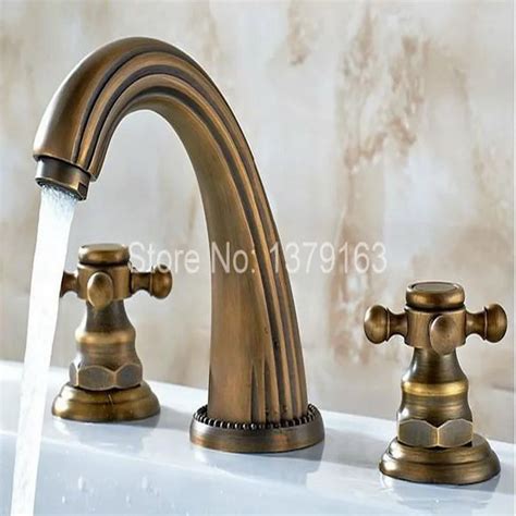 Deck Mounted Antique Brass Dual Cross Handles Mixer Taps Bathroom Vessel Sink Basin Faucet