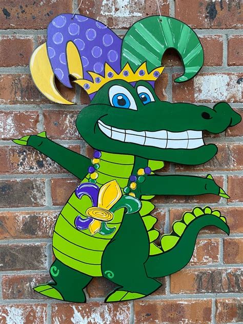 Mardi Gras Alligator Door Hanger Beads Crown Wood Cut Out Etsy