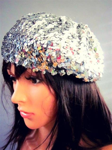 Vintage 70s Sequin Beret Silver Hat Disco Cap Sequin Skull Cap Etsy