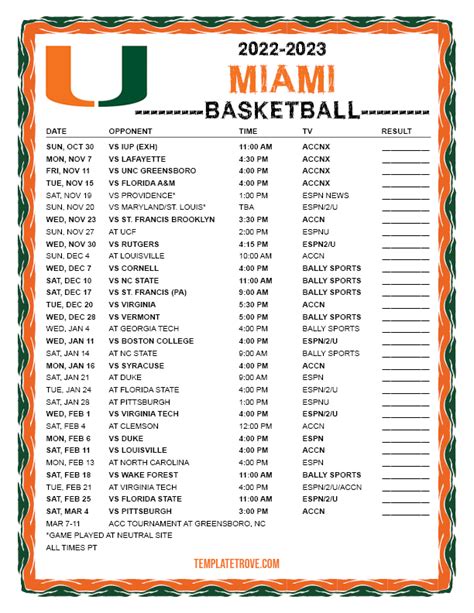 Printable 2022 2023 Miami Hurricanes Basketball Schedule