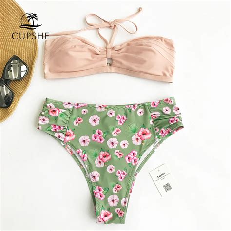 Cupshe Sweet Halter Green Print Bikini Sets Women Back Hook Swimwear