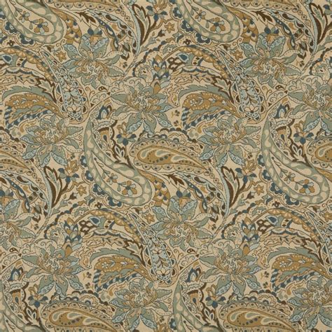 Beige Blue And Gold Large Scale Floral Or Paisley Pattern Damask