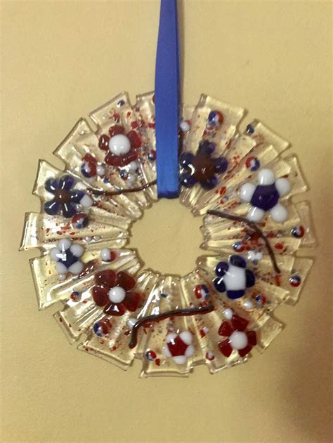 Fused Glass Wreath With Red White And Blue Flowers Suncatcher Etsy