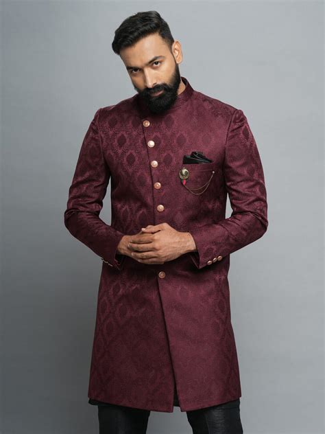 Rentbuy Maroon Cross Button Jaquard Indowestern Home Trial Free