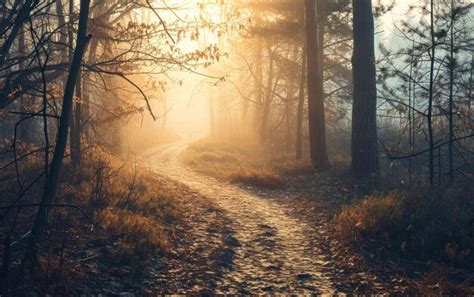 Premium Photo | A winding path through a misty forest at sunrise