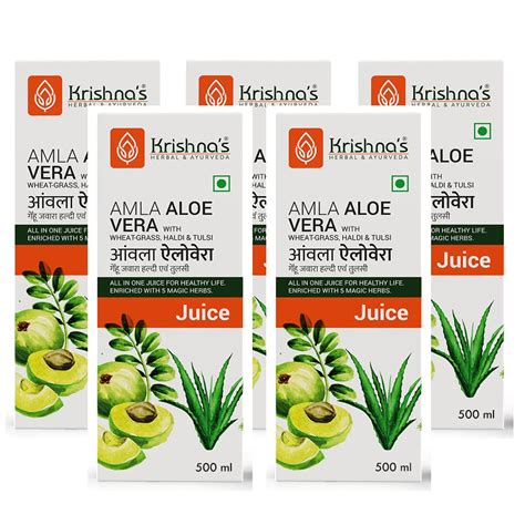 Krishnas Herbal And Ayurveda Amla Aloe Vera Wheat Grass Haldi And Tulsi Juice 500 Ml Pack Of 5