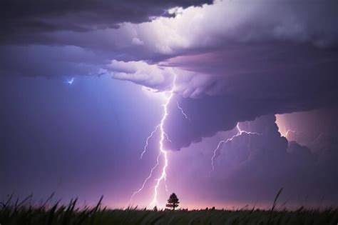 Premium Photo | A lightning strike in a field with a tree in the foreground