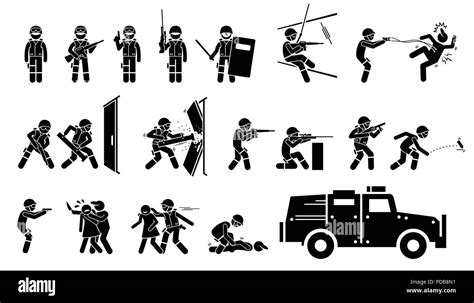 SWAT Special Weapons and Tactics Icons. Stickman pictogram set depicts ...