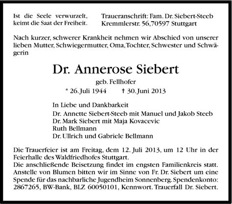 Traueranzeigen Von Annerose Siebert Stuttgart Gedenkt De