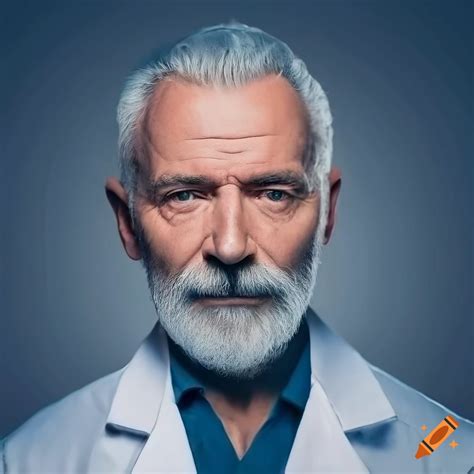 Close Up Portrait Of Mature Man In Lab Coat