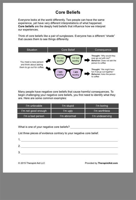 Identifying Negative Core Beliefs Worksheet