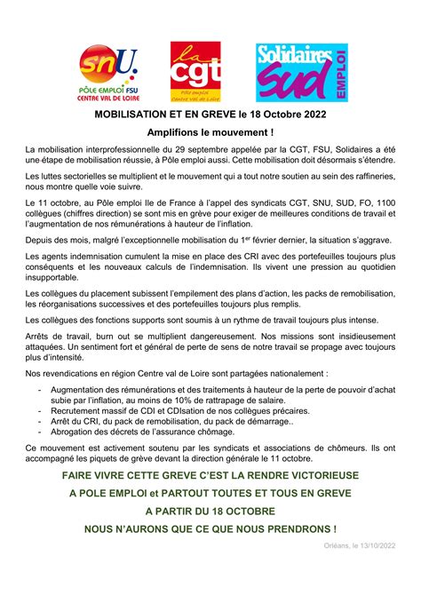 Appel Intersyndical La Gr Ve Octobre Cgt P Le Emploi Centre