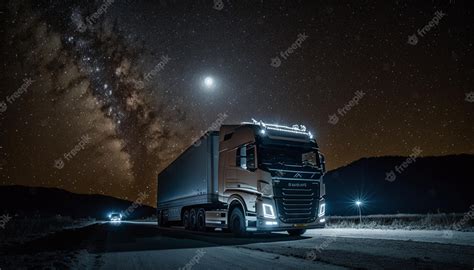 Premium Photo | A truck on the road driving at night under a starry sky