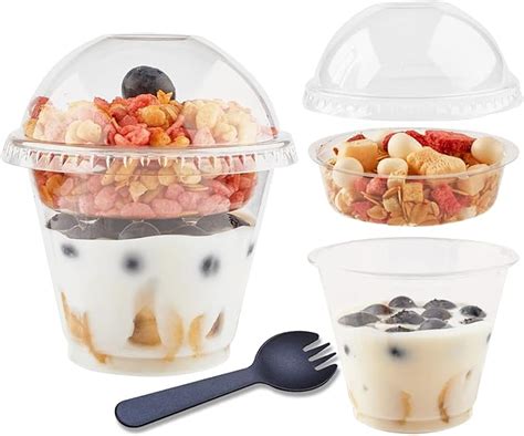 Zezzxu 9 Oz Plastic Yogurt Parfait Cups With Dome Lids Inserts And Sporks 50 Pack