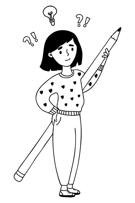 Thinking Person Dreamy Thoughtful Girl Stands With Big Pencil Above