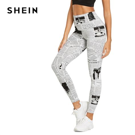 SHEIN czarny i biały Highstreet gazeta list drukuj Streetwear legginsy