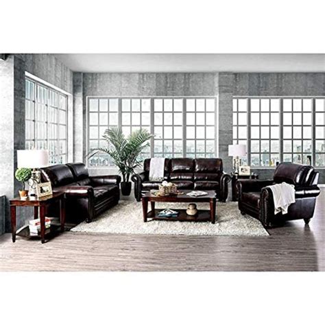 Contemporary Look Brown Leather Nailhead Trim 3pc Sofa Set Living Room ...