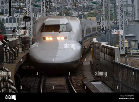 Rapid Train Shinkansen Arrives In A Station Ushimado Japan Stock