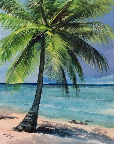 Tropical Watercolor Painting Palm Tree Original Watercolor Seascape Art