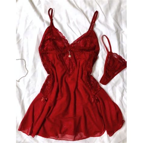 Camisola Feminina Sexy Com Calcinha Sem Bojo Rendada Linha Noite Pijama