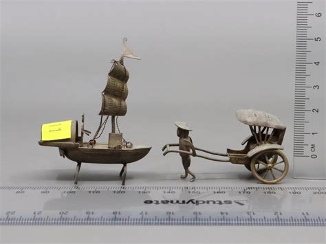 Lot 2 Chinese Metal Miniatures Inc Junk And Rickshaw