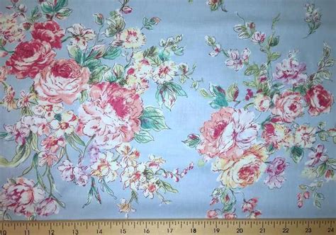 Blue Shabby Chic Fabric Pink Rose Shabby Floral Cotton Fabric Yardage