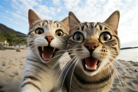 Two funny cats take a selfie on the beach. Humor. Created using artificial intelligence ...