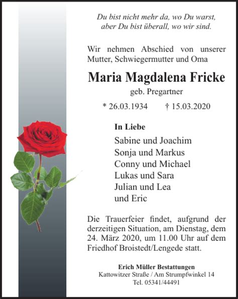 Traueranzeigen Von Maria Magdalena Fricke Trauer38 De