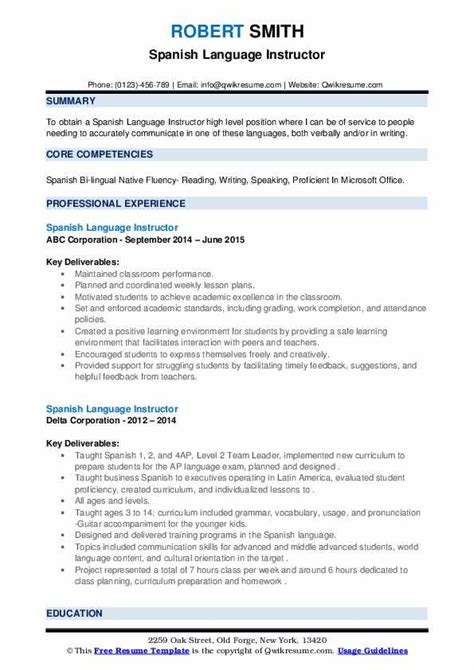 Spanish Language Instructor Resume Samples QwikResume