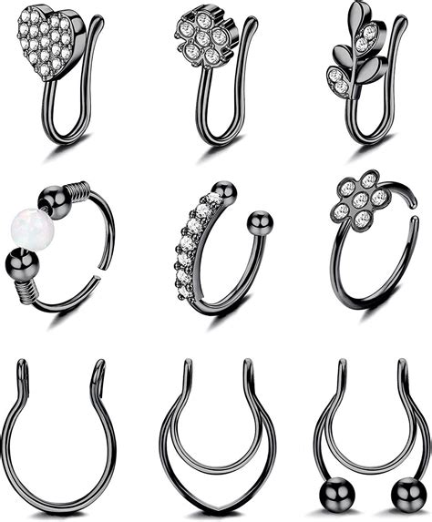 Pcs Fake Nose Rings Stainless Faux Nose Ring Hoop Inlaid Cz For Women