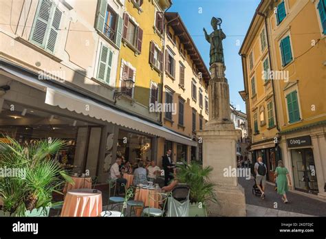 Salo Italy View In Summer Of A Cafe Terrace In Via San Carlo In The