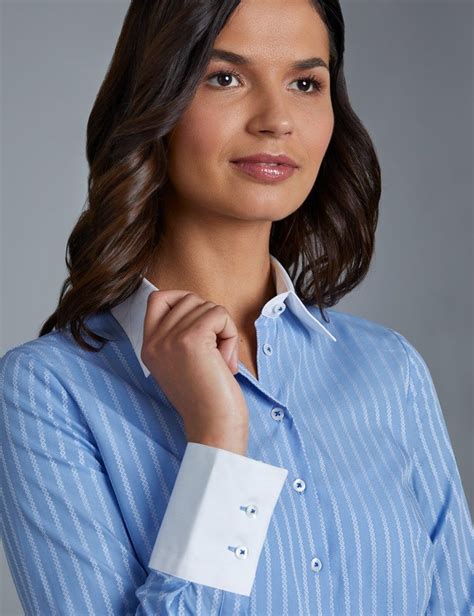 Women S Blue And White Dobby Stripe Fitted Shirt Single Cuff White Shirts Women Women Women