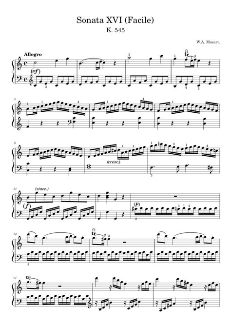 Sonata No 16 “facile” 1st Movement K 545 Sheet Music For Piano Solo