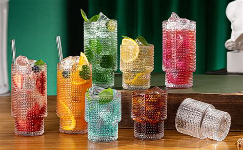 Wookgreat Vintage Drinking Glasses 8 Pcs Glass Cups With Straws 4 Highball