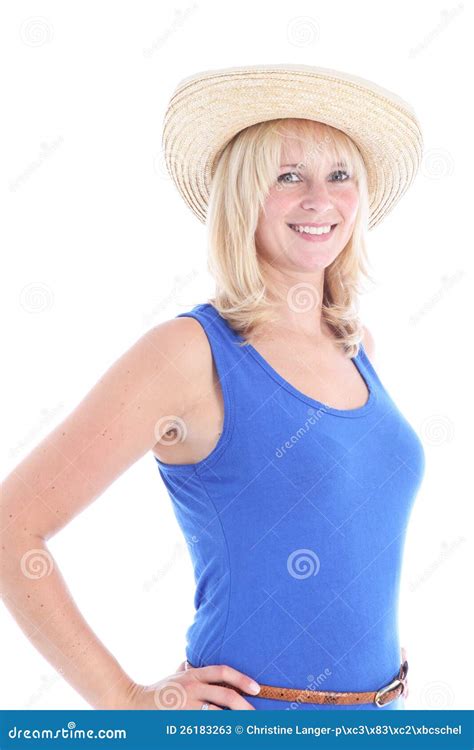 Donna Sorridente Con Un Cappello Di Paglia Immagine Stock Immagine Di