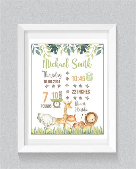 Printable Personalized Safari Birth Announcement Wall Art Printable