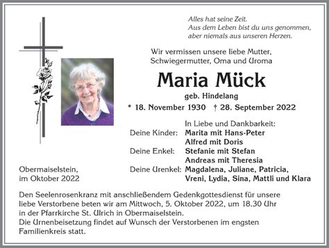 Traueranzeigen Von Maria M Ck Augsburger Allgemeine Zeitung