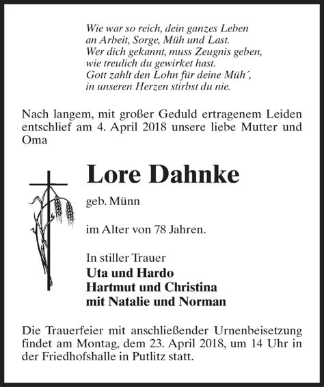 Traueranzeigen Von Lore Dahnke Trauer Anzeigen De