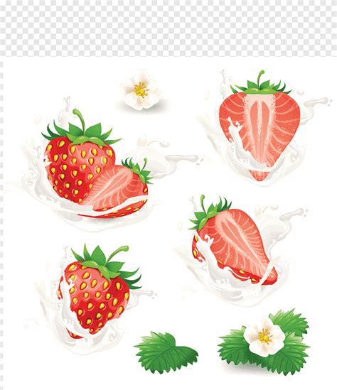 Set Of Whole And Half Strawberries With Flowers Leaves And Cream Milk