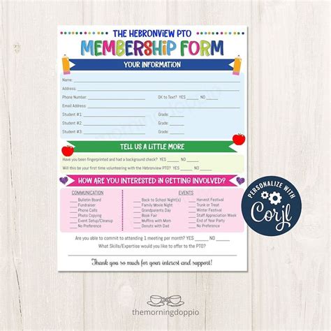 Printable Editable Pto Pta Membership Form Pto Pta Parent Volunteer