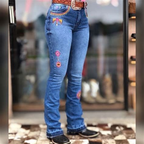 Calça Feminina Jeans Bordado Cores Country Texas Lançamento Shopee Brasil