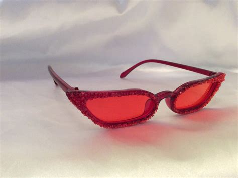 Cat Eye Vintage Look Womens Sunglasses Red Frame Red Seed Bead Embellished Etsy