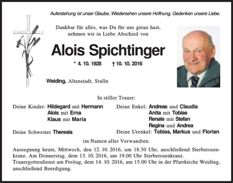 Traueranzeigen Von Alois Spichtinger Mittelbayerische Trauer