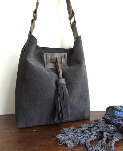 Anthracite Suede Tote Dark Gray Suede Hobo Bag T For Her Etsy