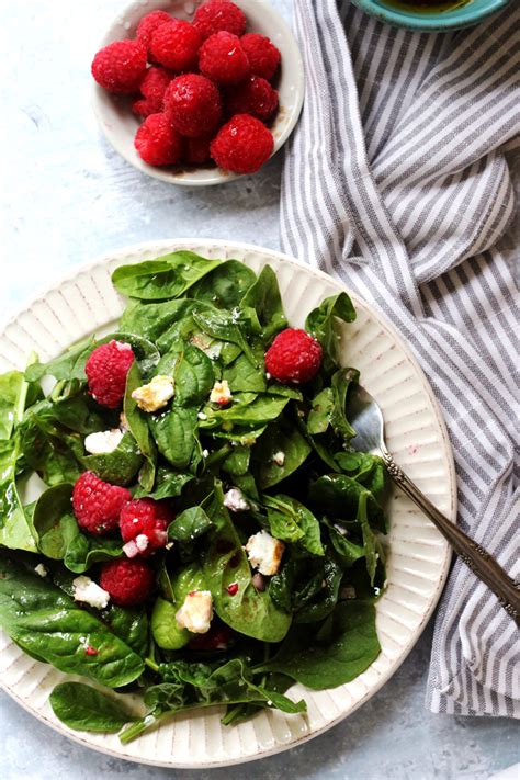 Simple Spinach Salad With Raspberries Goat Cheese And Balsamic