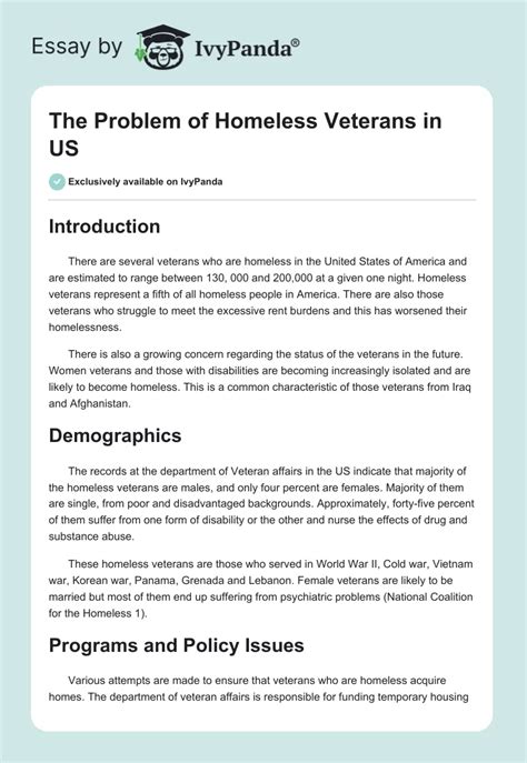 The Problem Of Homeless Veterans In Us 548 Words Essay Example