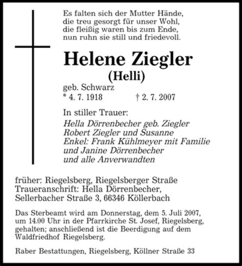 Traueranzeigen Von Helene Ziegler Saarbruecker Zeitung Trauer De