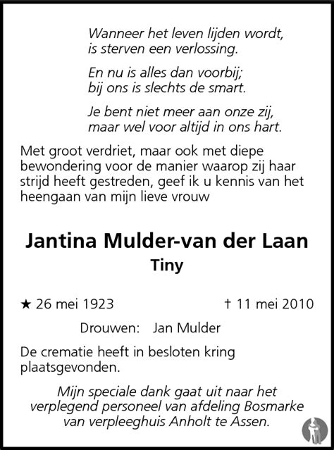 Jantina Tiny Mulder Van Der Laan Overlijdensbericht En