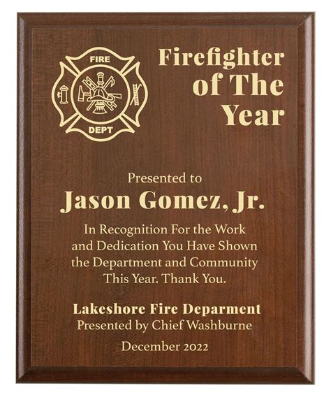 Personalized Wooden Fire Department Award Plaque Recognition